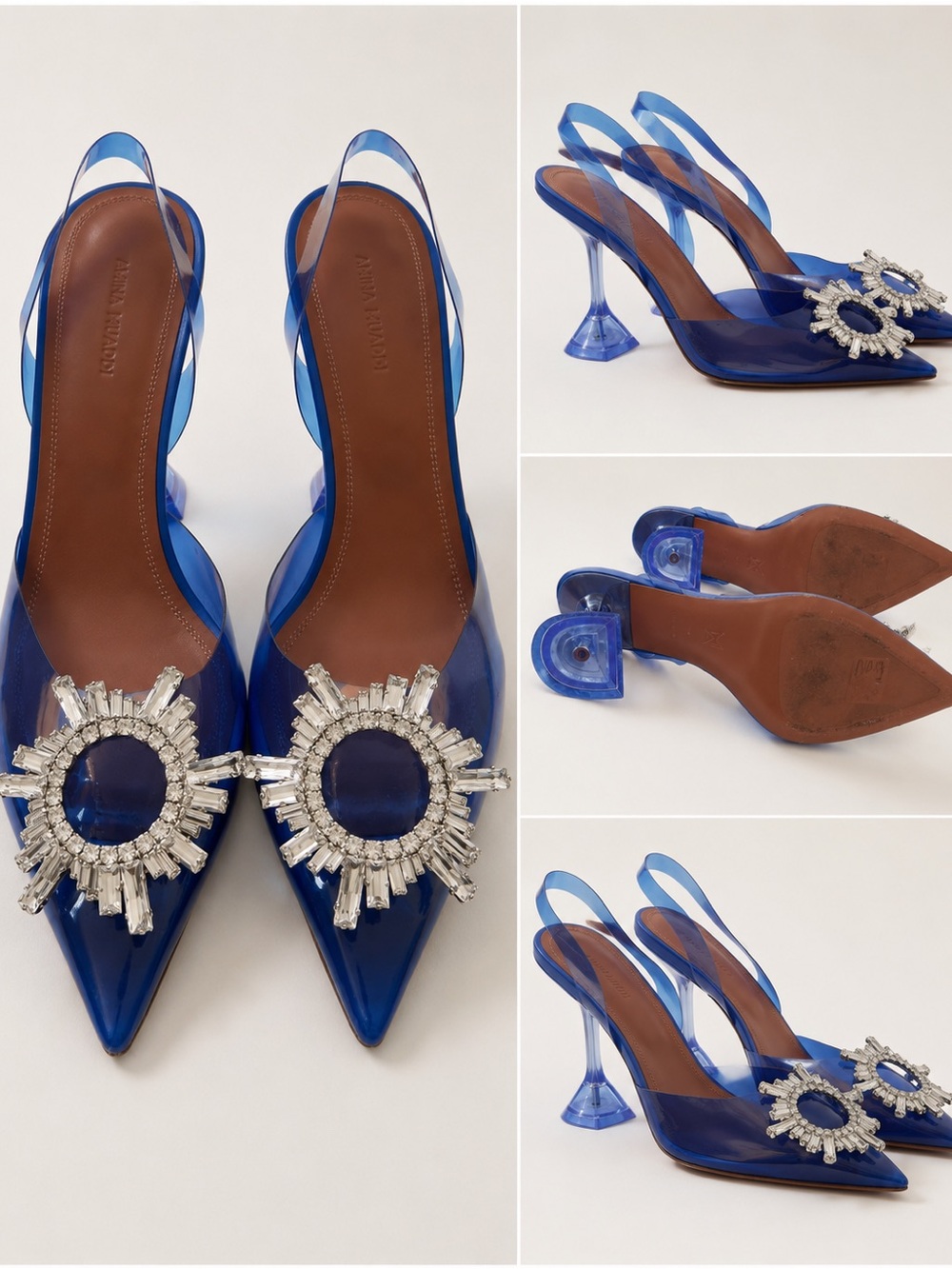 Amina Muaddi Begum Blue PVC Crystal Slingback Pumps